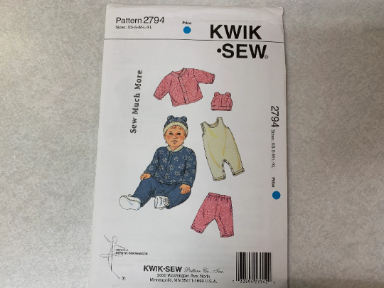 KWIK Sewing Pattern 2794 Baby Jacket, Pants, Overalls, Hat, Pull-Over, Snap/Button, Closure, Elastic Waist, Long Sleeves, Cut, Size XS-XL, Vintage 1999