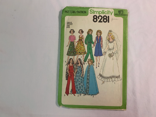 Simplicity Sewing Pattern 8281 Wardrobe for 11-12 Inch Dolls, Cher, Barbie, Farrah, Skirt, Tops, Dress, Jumpers, Wedding, Cape, Vest, Cut, Vintage 1977