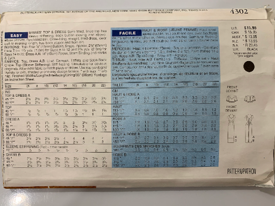 Butterick Sewing Pattern 4302 Misses' Dress, Top, Semi-Fitting, Straight, Two Lengths, Zipper, Button Closing, Sleeveless, Size 6-10, Cut, Vintage 1995
