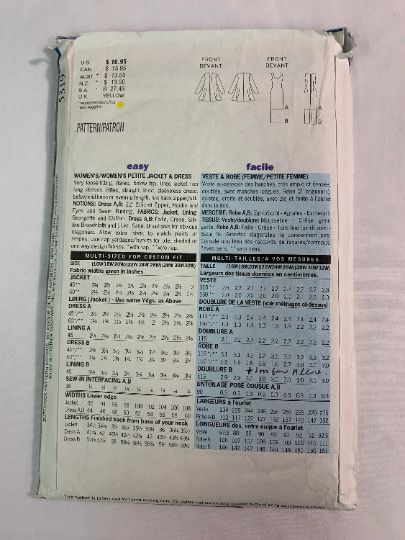 Butterick Sewing Pattern 5319 Misses'/Women's Petite Jacket, Dress, Loose-Fitting, Shoulder Straps, Two Lengths, Sleeveless, Zipper, Size 16-20W, Cut, Vintage 1997