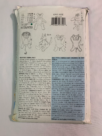 Butterick Sewing Pattern 5605 Craft Bean Bag Animal, Cut, Bear, Parrot, Lion Cub, Kangaroo, Cat, Kitten, Dog, Puppy, Joey, Fiberfill, Beads, Cut, Vintage 1998