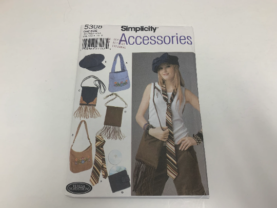 Simplicity Sewing Pattern 5308 Set of Bags, Hippie, Shoulder Strap, Cap, Tie, Cd Holder/Case, Hat 3 Sizes, Purse, Fringe, Uncut, 2003