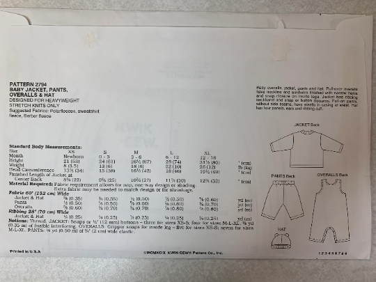 KWIK Sewing Pattern 2794 Baby Jacket, Pants, Overalls, Hat, Pull-Over, Snap/Button, Closure, Elastic Waist, Long Sleeves, Cut, Size XS-XL, Vintage 1999