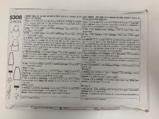 Simplicity Sewing Pattern 5308 Set of Bags, Hippie, Shoulder Strap, Cap, Tie, Cd Holder/Case, Hat 3 Sizes, Purse, Fringe, Uncut, 2003