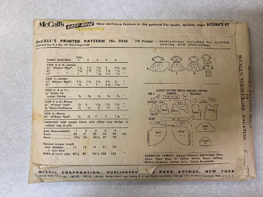 McCall's Sewing Patterns 3346 Girl's Jumper Dress, Blouse, Short Sleeves, Flared Skirt, Back Button, Shoulder Straps, Child's, Cut, Vintage 1955