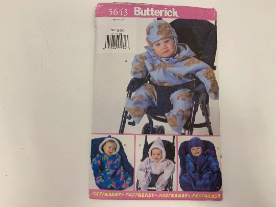 Butterick Sewing Pattern 5643 Infants' Bunting Bags, Hat, Loose-Fitting, Hood, Front Zipper, Long Sleeves, Mitts, 12-21 Pounds, Cut, Vintage 1998