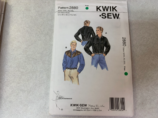 Kwik Sewing Pattern 2880 Men's Shirts, Long Sleeves, Front Button, Cuffs, Western Style, Collar, Pockets, Front Tabs, Size S-XXL, Uncut