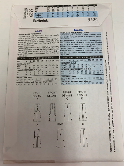 Butterick Sewing Pattern 3529 Misses' Pants, Semi-Fitted, Mock Fly Zipper, Flared, 4 Variations, Below Waist, Size 6-10, Uncut, 2002