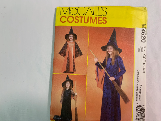 McCall's Sewing Pattern M4620 Girls' Costume, Halloween, Witch, Long Sleeve, Princess Seams, Flared, Lined Hat, Collar, Size 3-6, Uncut, 2004
