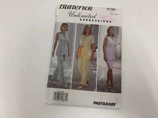 Butterick Sewing Pattern 6706 Misses'/Misses' Petite Fitted Top, Semi-Fitted Skirt, Tapered Pants, Button Front, Sleeveless, Elastic Waist, Size 6-12, Uncut, Vintage 1993
