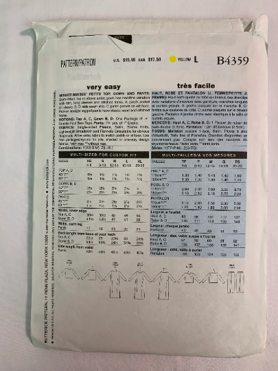 Butterick Sewing Pattern B4359 Misses' Petite Top, Gown, Pants, Semi-Fitted, Long Sleeves, Pockets, Side Slit, Size 4-14, Uncut, 2004