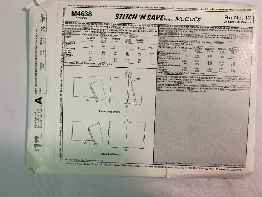 McCall's Sewing Pattern M4638 Misses' Capes, Pullover, Reversible Hooded Poncho, Funnel Neck, Button Closure, Size 4-14, Uncut, 2004