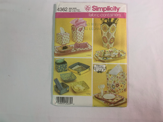 Simplicity Sewing Pattern 4362 Crafts, Home Decor, 13 Fabric Containers, Basket, Tissue Box Cover, Vase, CD Holder, Jewelry, Food Tray, Placemat, Uncut, 2006