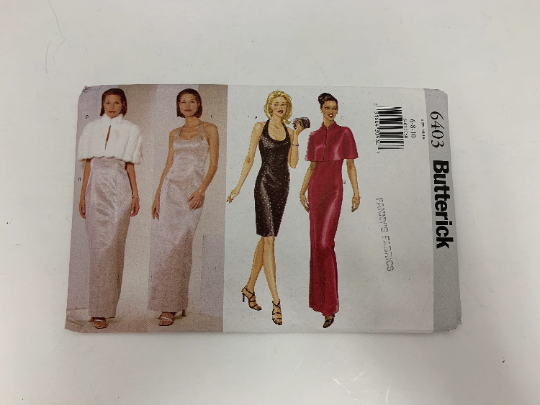 Butterick Sewing Pattern 6403 Misses' Dress, Capelet, Close-fitting, Straight, Halter, Two Lengths, Zipper, Size 6-10, Uncut, Vintage 1999