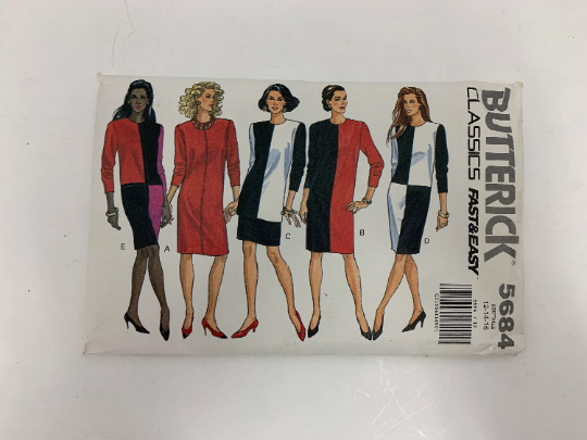Butterick Sewing Pattern 5684 Misses' Dress, Top, Skirt, Long Sleeves, Tunic, 5 Variations, Pullover, Loose, Size 12-16, Uncut, Vintage 1991