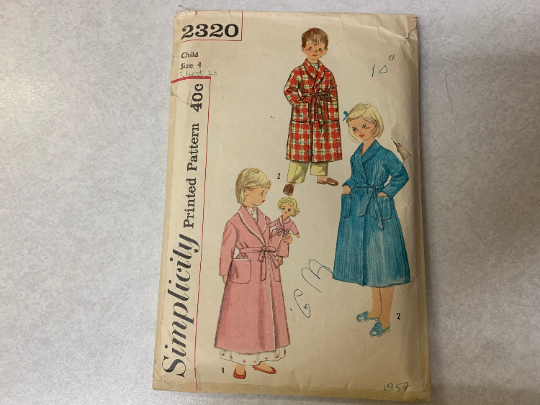 Vintage Simplicity Sewing Pattern 2320, Cut, Child's Robe, Tie Belt, Pockets, Stuffed Doll, Transfer, Housecoat, Size 4, Long Sleeves, 1950s