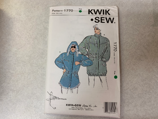 KWIK Sewing Pattern 1770 Misses' Jackets, Loose Fitting, Long Sleeves, Pockets, Collar, Cuffs, Drawstring, Hood, Cut, Vintage 1988