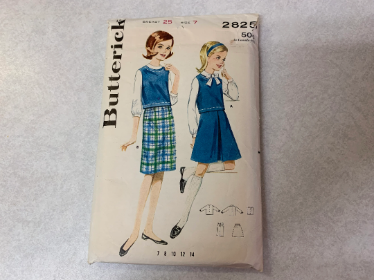 Butterick Sewing Pattern 2825 Girls' Skirt, Long Sleeved Blouse, Overblouse, Peter Pan Collar, Bow, Pleated, Straight, Size 7, Cut, Vintage 1950