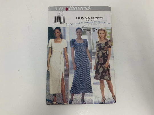 Butterick Sewing Pattern 4491 Misses' Dress, Two Lengths, Shoulder Pads, Fitted, Flared, Back Zipper, Front Slit, Sleeves, Size 6-10, Uncut, Vintage 1996