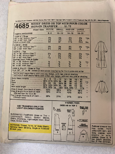 McCall's Sewing Pattern 4685 Misses' Dress, Top, Long Sleeves, Pullover, Collar, Pockets, Iron On Transfer, Two Lengths, Size 10-12, Cut, Vintage 1975