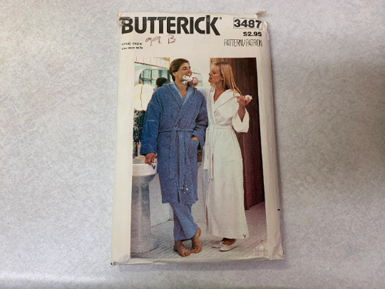 Butterick Sewing Pattern 3487 Misses'/Men's Robe, Unisex, Long Sleeves, Loose-Fitting, Two Lengths, Pockets, One Size, Cut, Vintage 1980