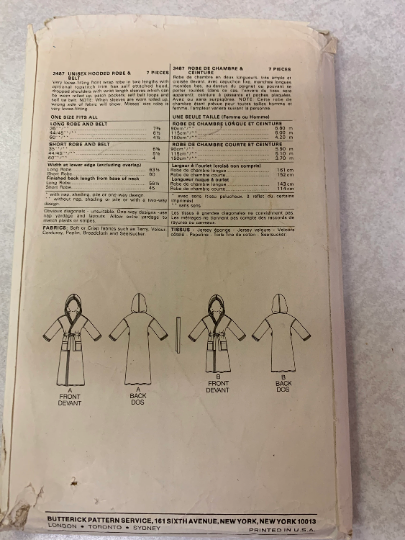 Butterick Sewing Pattern 3487 Misses'/Men's Robe, Unisex, Long Sleeves, Loose-Fitting, Two Lengths, Pockets, One Size, Cut, Vintage 1980