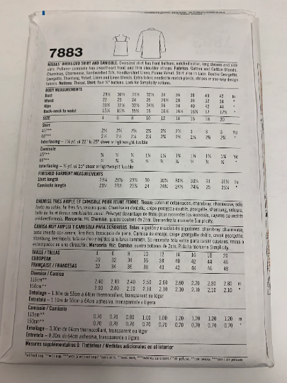 Simplicity Sewing Pattern 7883 Oversized Shirt, Camisole, Shoulders Straps, Pullover, Side Slits, Front Buttons, Size 4-8, Uncut, Vintage 1997