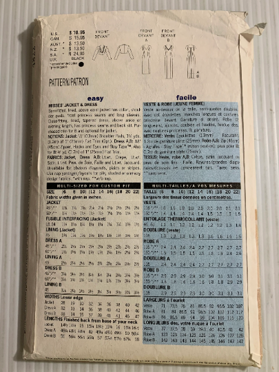 Butterick Sewing Pattern 4822 Misses' Jacket, Semi-Fitted, Lined, Shoulder Pads, Long Sleeves, Sleeveless, Tapered, Size 18-22, Cut, Vintage 1997