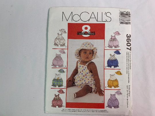 McCall's Sewing Pattern 3607 Infants' Romper, Snap Crotch, Hat, Baby, Child's Play Clothes, Pocket, Size 13-24 Pounds, Uncut, 2002