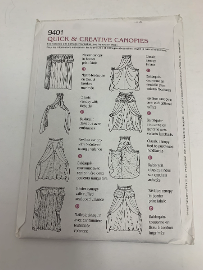 Simplicity Sewing Pattern 9401 Quick & Creative Canopies, Tiebacks, Pavillion, Baldaquin, Ruffled Scalloped Valance, Classic, Uncut, Vintage 1995