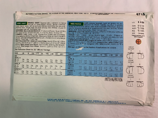 Butterick Sewing Pattern 6715 Misses' Skirt, Tapered, Two Lengths, Elastic Waist, Tie Ends, Size 18-22, Cut, Vintage 1993