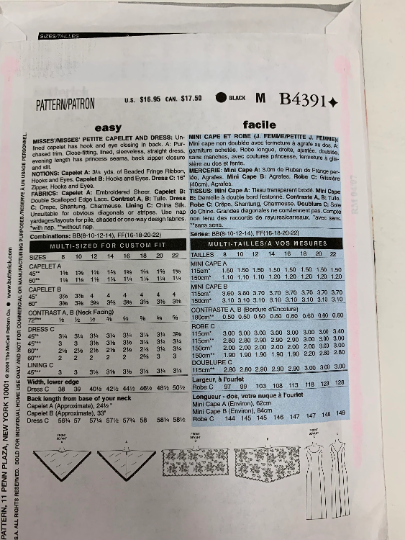 Butterick Sewing Pattern B4391 Misses'Misses' Petite Dress, Unlined, Capelet, Close-fitting, Straight, Zipper, Sleeveless, Size 8-14, Uncut, 2004