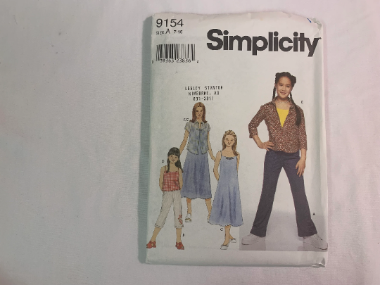 Simplicity Sewing Pattern 9154 Girl's Dress, Tops, Pull-On Pants, Two Lengths, Shorts, Sleeveless, Elastic Waist, Pullover, Size 7-16, Uncut, 2000