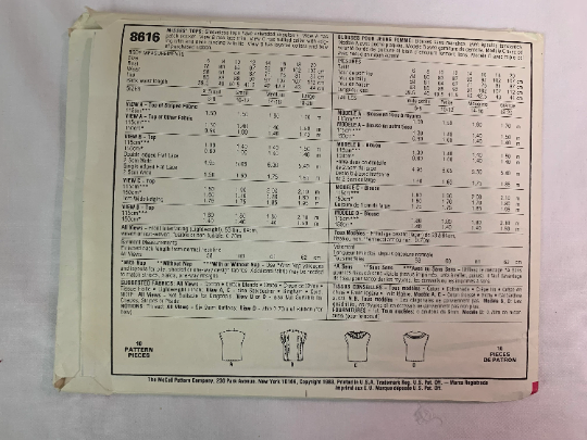 McCall's Sewing Pattern 8616 Misses' Tops, Blouses, Sleeveless, Pockets, Ruffled Collar, Extended Shoulders, Bow, Size 14-16, Cut, Vintage 1983
