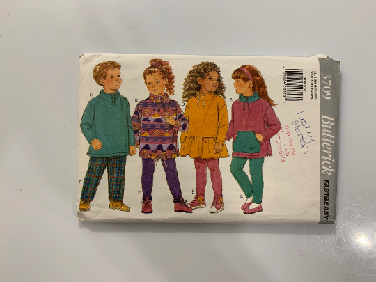 Butterick Sewing Pattern 3709 Girls'/Boys; Dress, Top, Leggings, Pants, Loose-Fitting, Pullover, Collar, Long Sleeves, Pockets, Size 2-6x, Cut, Vintage 1994