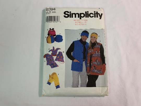 Simplicity Sewing Pattern 8394 Unisex, Hats, Toque, Mittens. Vest, Pockets, Front Button, Headband, Scarf, Backpack, Size 34-44, Uncut, Vintage 1999