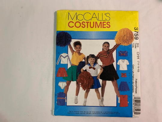 McCall's Sewing Pattern 3759 Children's/Girls' Cheerleader Costumes, Zipper Collar Waistband, Top, Skirt, Panties, Long/Short Sleeves, Uncut, Size 7-12, 2002