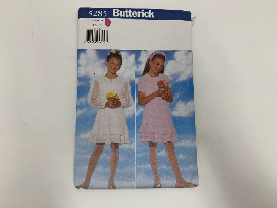 Butterick Sewing Pattern 5285 Children's/Girls Dress, Semi-Fitted, Zipper, Long/Short Sleeves, Flounces, Pullover, Slit, Size 12-14, Uncut, Vintage 1997