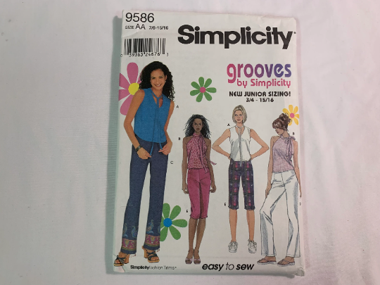 Simplicity Sewing Pattern 9586 Juniors' Pants, Tops, Two Lengths, Sleeveless, Halter, Zipper, Waistband, Neck Tie, Size 7-16, Uncut, 2001