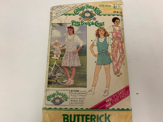 Butterick Sewing Pattern 3717 Girls' Jumper, Jumpsuit, Top, Transfer, Dirndi Skirt, Pockets, Pullover, Cabbage Patch Doll Dress Pattern, Size 7-10, Cut, Vintage 1986