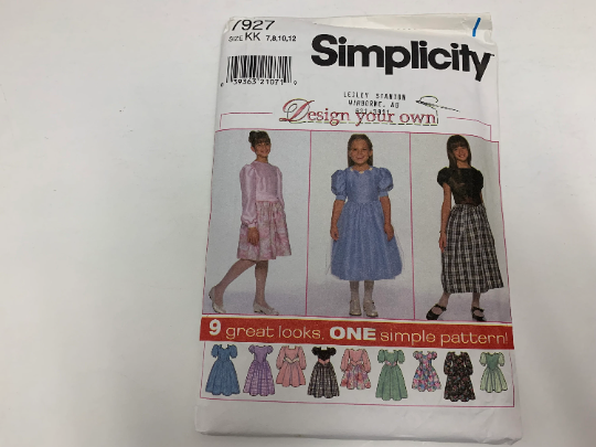 Simplicity Sewing Pattern 7927 Girls' Dress, Sleeves in Three Lengths, Two Lengths, Size 7-12, Uncut, Vintage 1997