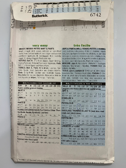 Butterick Sewing Pattern 6742 Misses'/Misses' Petite Skirt, Pants, Semi Fitted, Long Sleeves, Lined, Straight, Zipper, Contour Waist, Size 6-10, Uncut, 2000