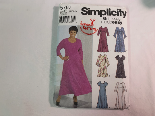 Simplicity Sewing Pattern 5767 Misses'/Women's Petite Dresses, 6 Variations, Two Lengths, Zipper, Full Skirt, Frills, Panels, Size 18W-24W, Uncut, 2002