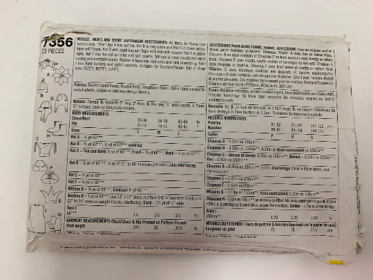 Simplicity Sewing Pattern 7356, Unisex Hats, Toques, Mitts, Booties, Vest, Outerwear, Accessories, Cut as a Large, Jester, Fringe, Ear Flaps