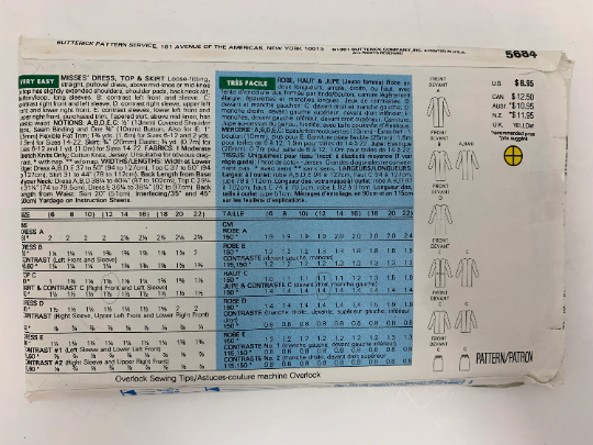 Butterick Sewing Pattern 5684 Misses' Dress, Top, Skirt, Long Sleeves, Tunic, 5 Variations, Pullover, Loose, Size 12-16, Uncut, Vintage 1991