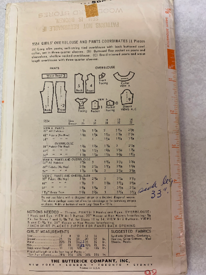 Butterick Sewing Pattern 9554 Girls' Overblouse, Top, Pants, Slim, Back Button, Cowl Collar, Flap Pocket, Sleeveless, Size 10, Cut, Vintage 1960