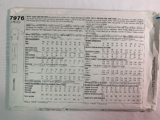 Simplicity Sewing Pattern 7976 Misses' Skirt, Pants, Jacket, Shoulder Pads, Zipper, Collar, Pockets, Slim, Tie Belt, Slit, Size 6-10, Uncut, Vintage 1997