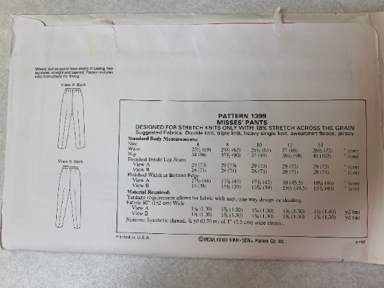 KWIK Sewing Pattern 1399 Misses' Pants, Trousers, Pull-On, Elastic Waist, Size 6-14, Uncut, Vintage 1984