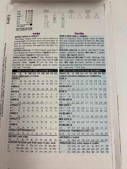 Butterick Sewing Pattern 6403 Misses' Dress, Capelet, Close-fitting, Straight, Halter, Two Lengths, Zipper, Size 6-10, Uncut, Vintage 1999