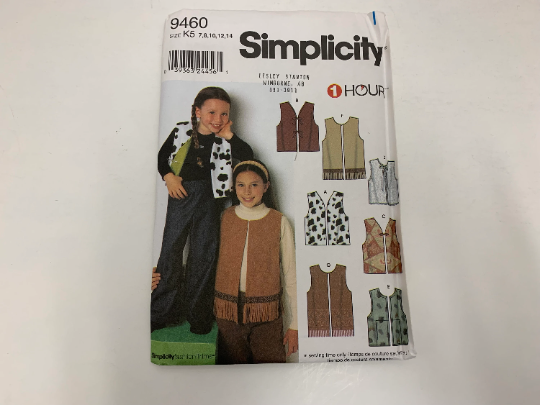 Simplicity Sewing Pattern 9460 Girls' Vest, Neckline Variations, Tie Front, 6 Variations, Pockets, Fringe, Size 7-14, Uncut, 2000